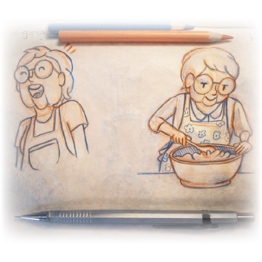 Grandma cackling and stirring the cake batter